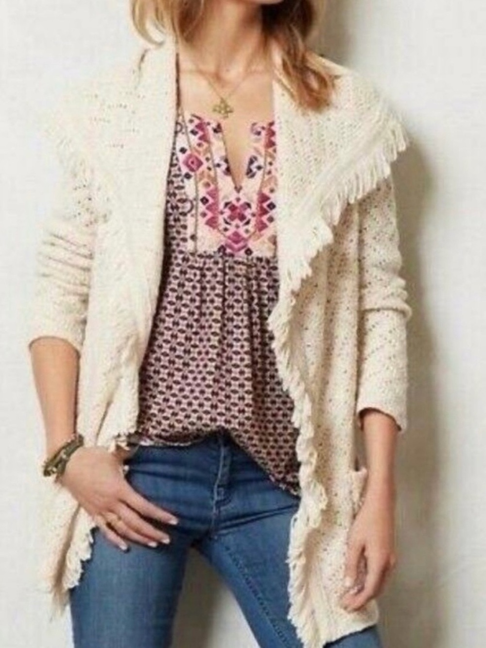 Anthropologie angel of the North Open Fringe Cardigan Sweater sz S 4 Women